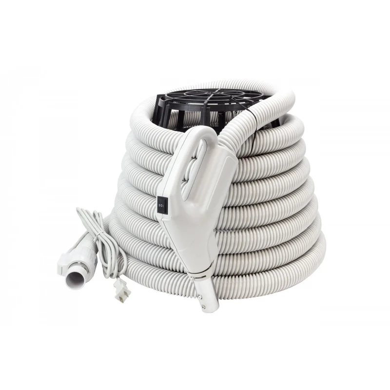 Boyau électrique pour aspirateur central - poignée pompe à gaz - bouton marche/arrêt - compatible balai électrique - bouton-barrure - Plastiflex - Gris - 30' à 50'