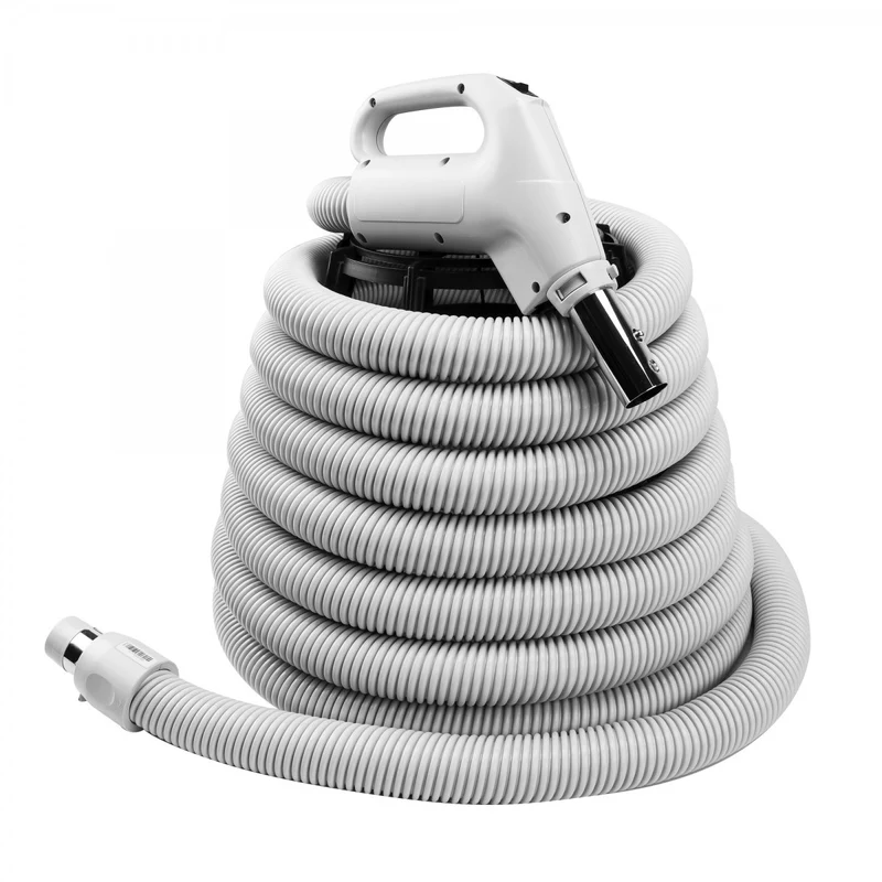 Boyau pour aspirateur central - poignée pompe à gaz - bouton marche/arrêt - bouton-barrure - Plastiflex - Gris - 25' à 50'