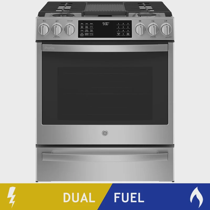 GE Profile 30 in. 5.7 cu.ft. Stainless Steel Slide In Dual Fuel Range with No Preheat Air Fry Model PC2S930YPFS