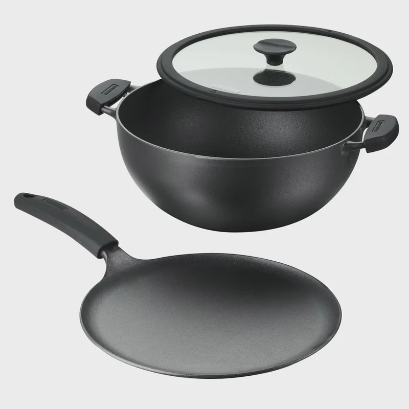 Tramontina Cast Iron Deep Kadai and Flat Tawa Cookware Set, 3-pieces