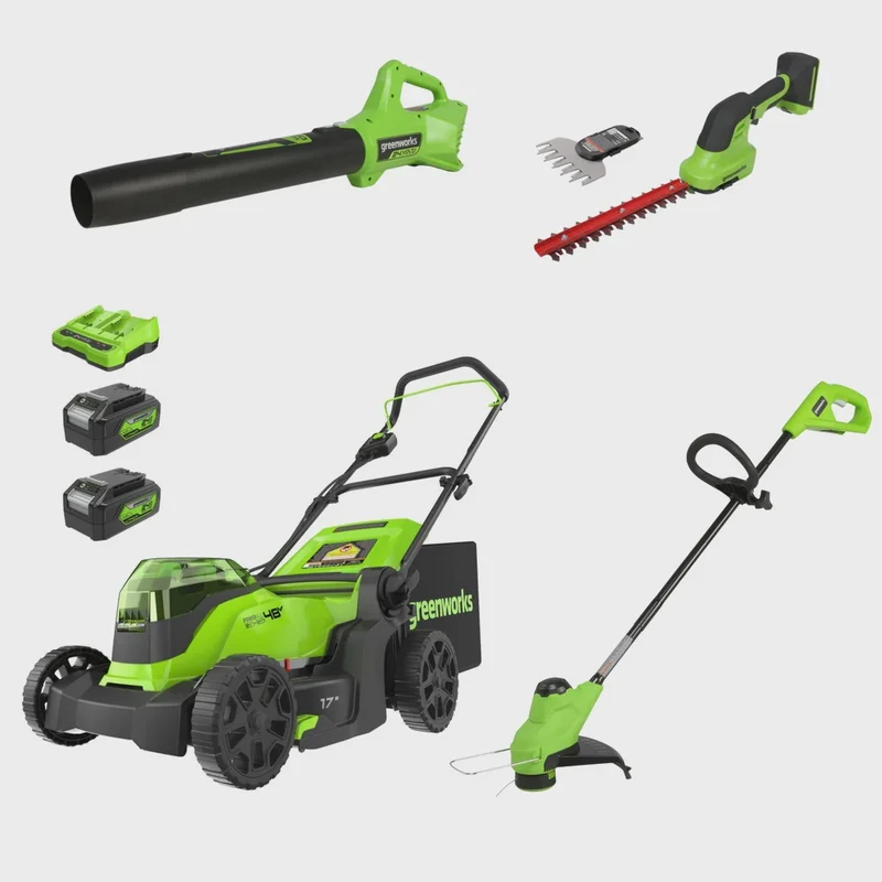 Greenworks 24V 4-piece Combo – 17” Mower, 12” Trimmer, 320 CFM Blower, Shrubber Shear, (2) 4.0Ah Batteries & Dual-Port Charger