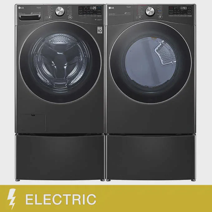 LG 4-piece Black Steel Laundry Suite with 5.2 cu. ft. Steam Washer, 7.4 cu. ft. Steam Dryer and 2 Pedestal Storage Drawers