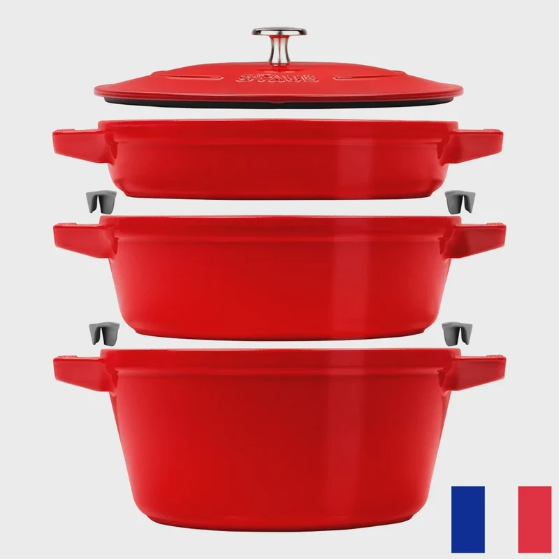 STAUB Stackable Cast Iron Dutch Oven Set, Medium, 4-piece, Red
