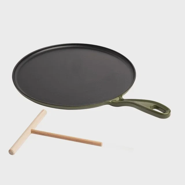 Chuck Hughes Cast Iron Crepe Pan with Wood Rake, 27 cm (10 in.)