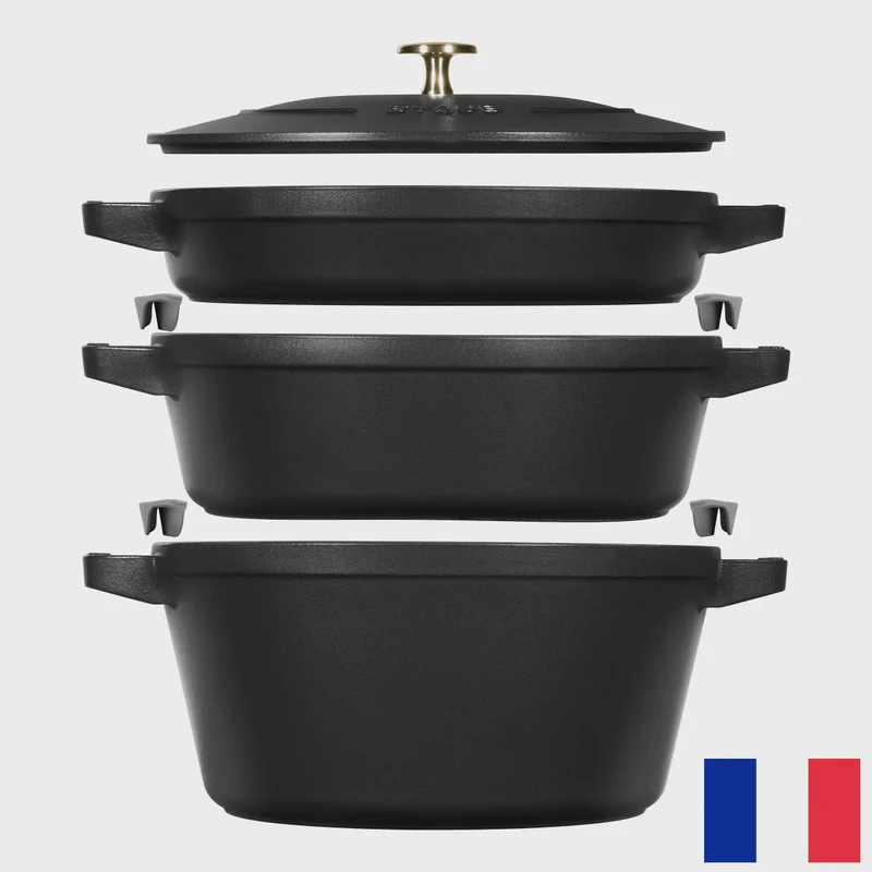 STAUB Stackable Cast Iron Dutch Oven Set, Medium, 4-piece, Black