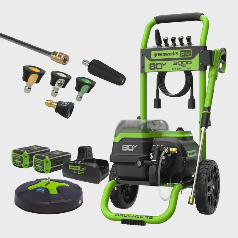 Greenworks 80V 3000 PSI 2.0 GPM Brushless Pressure Washer, (2) 4Ah Battery, 8A Dual-Port Charger and 15'' Surface Cleaner Included