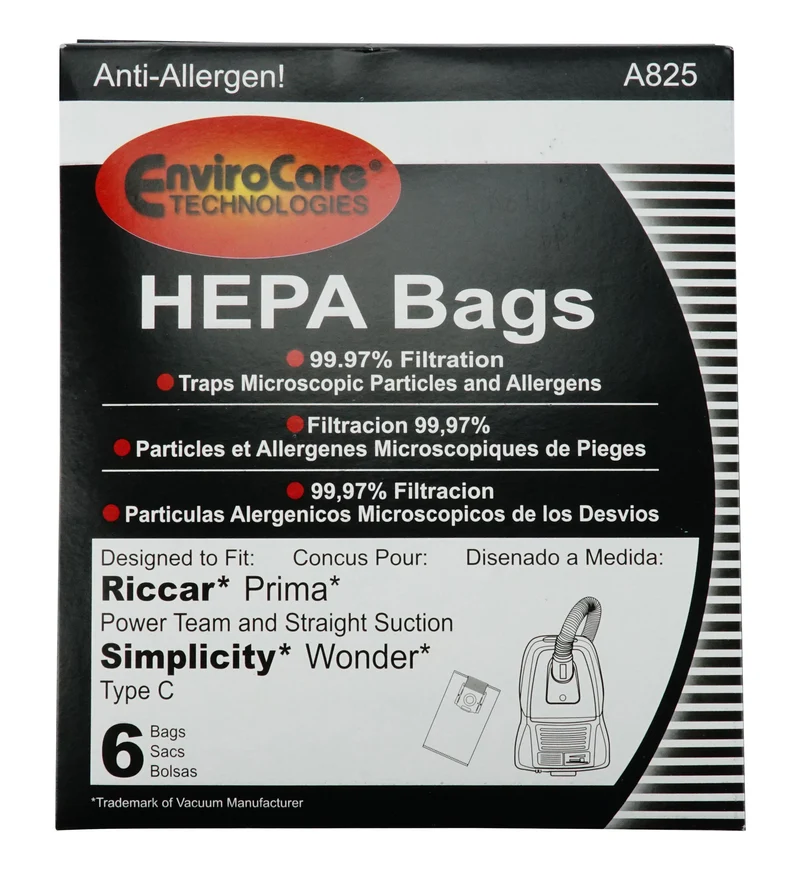 Sacs microfiltres HEPA pour aspirateurs chariots Riccar Prima et Simplicity Wonder - paquet de 6 sacs - Envirocare A825