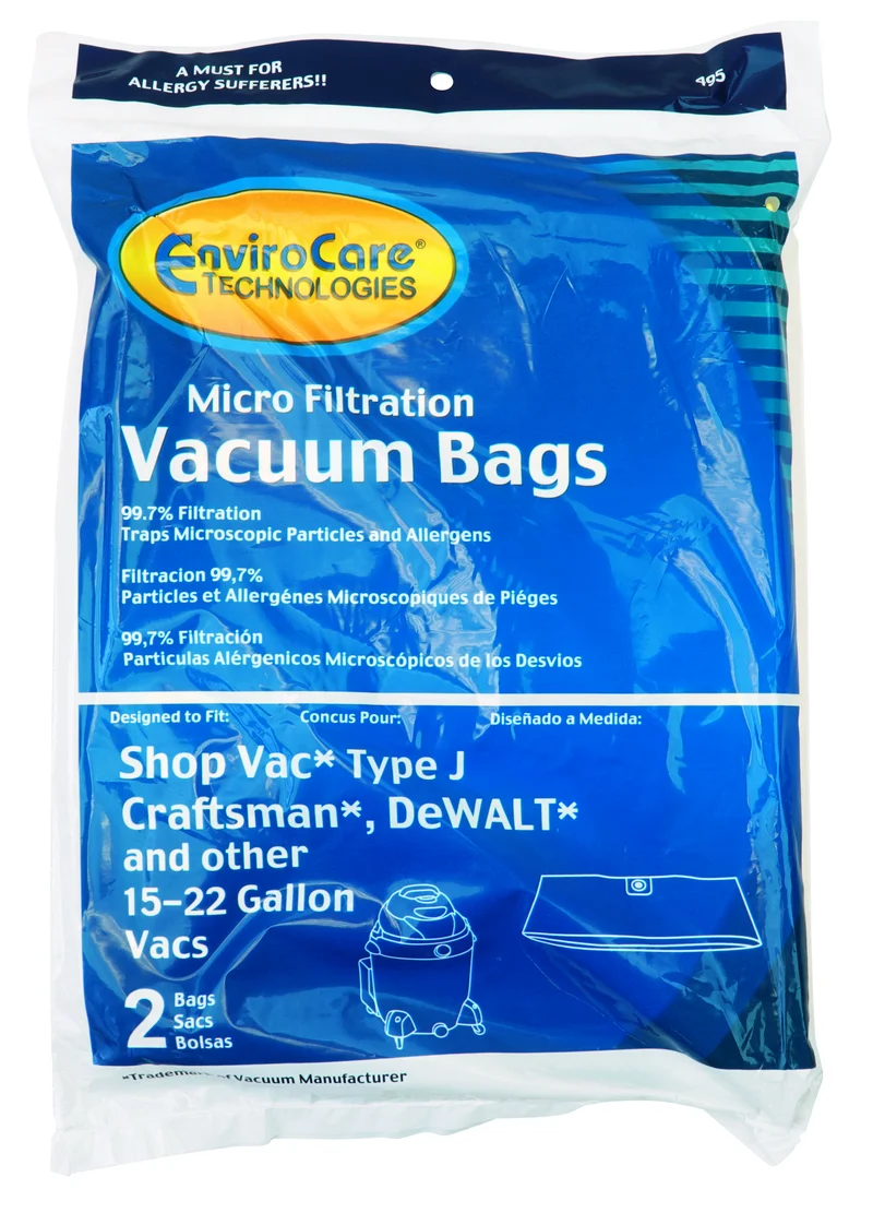 sac micro filtre pour aspirateur Shop Vac avec capacité du réservoir de 68,2 L à 100L (15 à 22 gallons) - paquet de 2 sacs - Envirocare 495SW