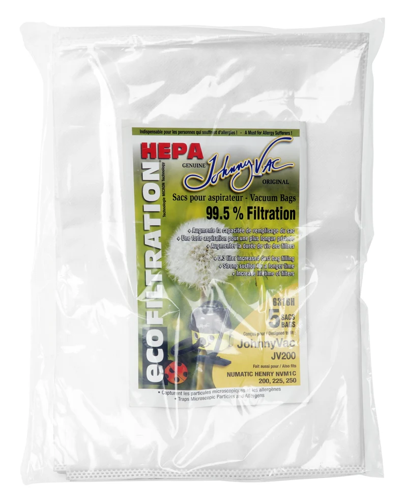 Sac microfiltre HEPA pour aspirateur Johnny Vac JV200 et Numatic Henry NVM1C 200, 225, 250, RSV130 - paquet de 5 sacs