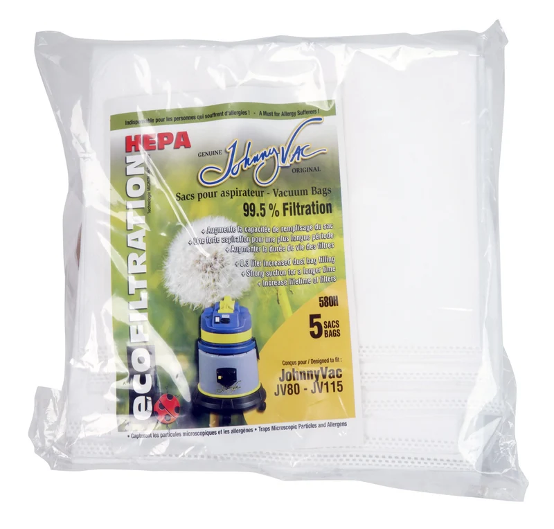 Sac microfiltre HEPA pour aspirateur Johnny Vac JV80 et JV115 - paquet de 5 sacs