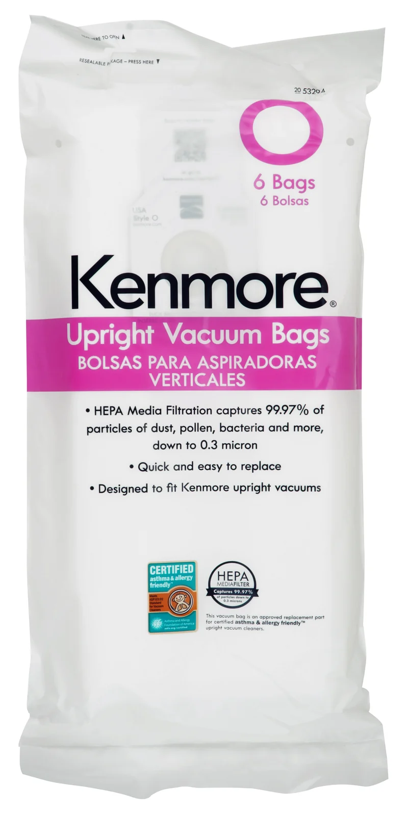 Sac HEPA pour aspirateur vertical Kenmore - É-U Type Q/C - Canada 20-50510 - 53294 - paquet de 6 sacs - KC16KCMPZ000
