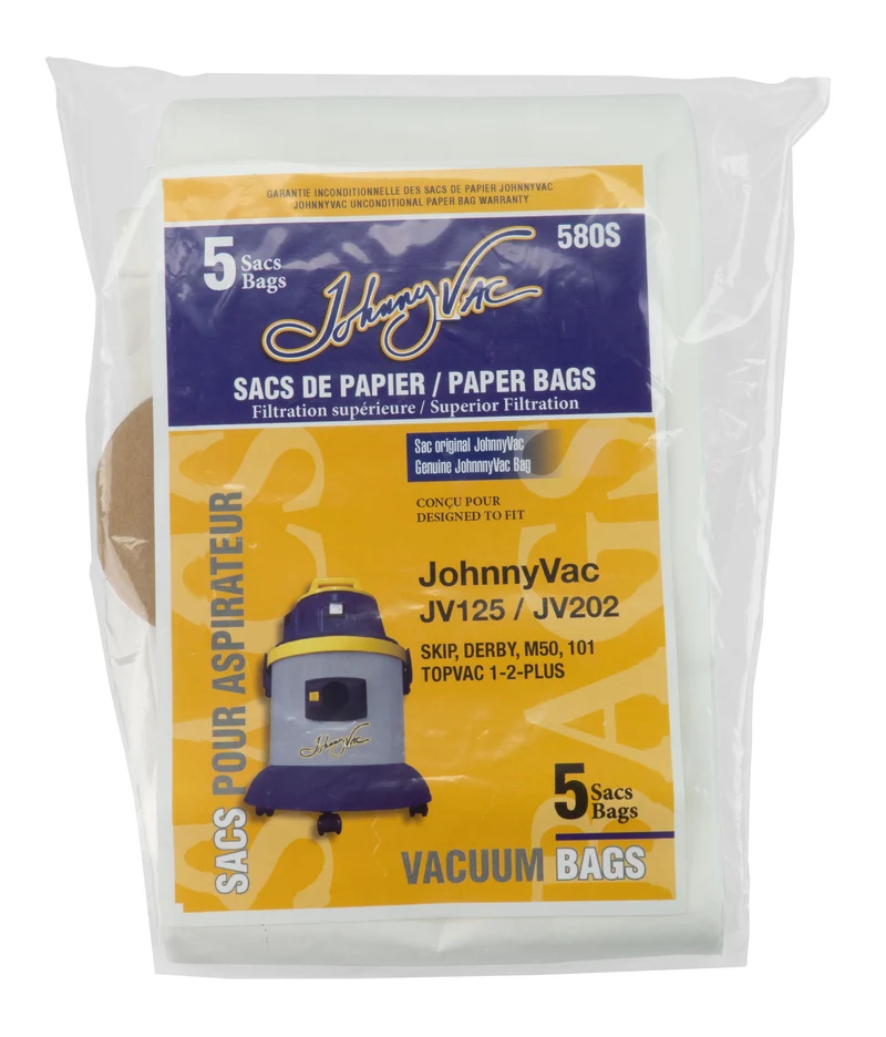 Sac en papier pour aspirateur Johnny Vac JV125 et JV202 - SKIP, Derby, M50, 101, Topvac 1-2-PLUS - paquet de 5 sacs