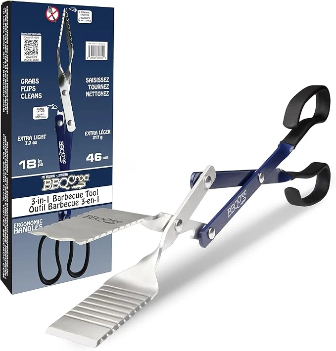 BBQ Croc 3 in 1 Barbecue Tool 18-inch - Light and Long Tongs, Spatula and Grill Scraper