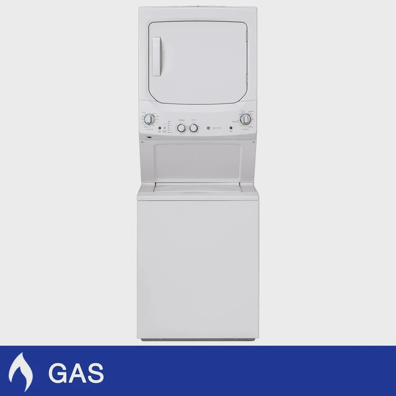 GE White 2.6 cu. ft. (I.E.C) Washer and 4.4 cu. ft. Dryer Gas Laundry Center