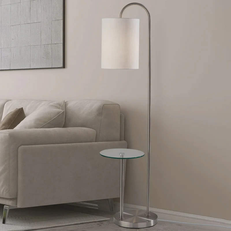 Amira Floor Lamp with Integrated Shelf, Brushed Steel