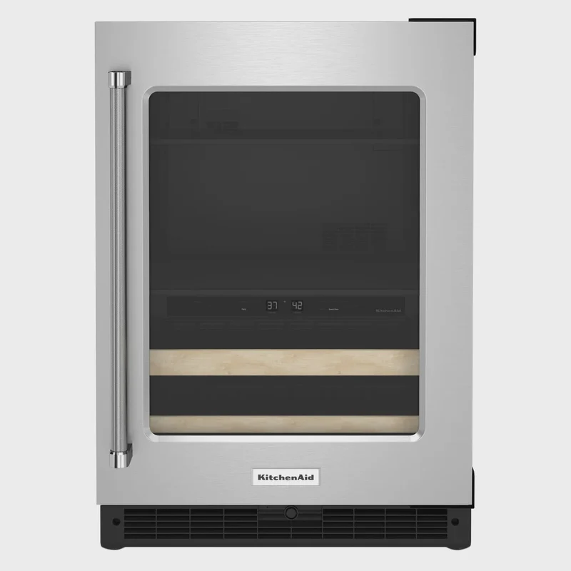 KitchenAid 24in 4.8 cu ft. Stainless Steel Glass Door Beverage Center with Wood-Front Racks Model KUBR214KSB