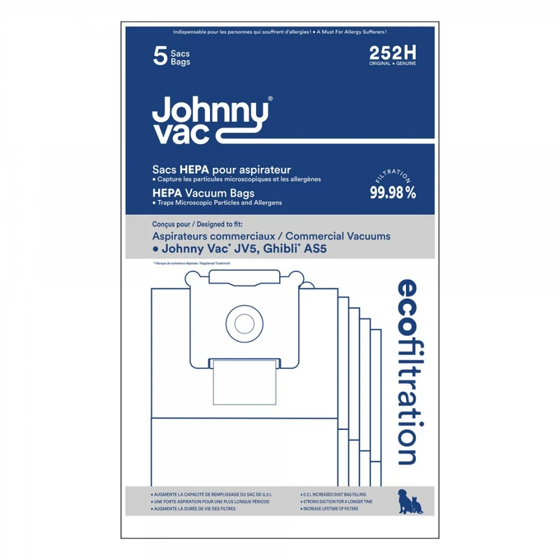 Sac microfiltre HEPA pour aspirateur commercial Johnny Vac JV5 et Ghibli AS5 - paquet de 5 sacs