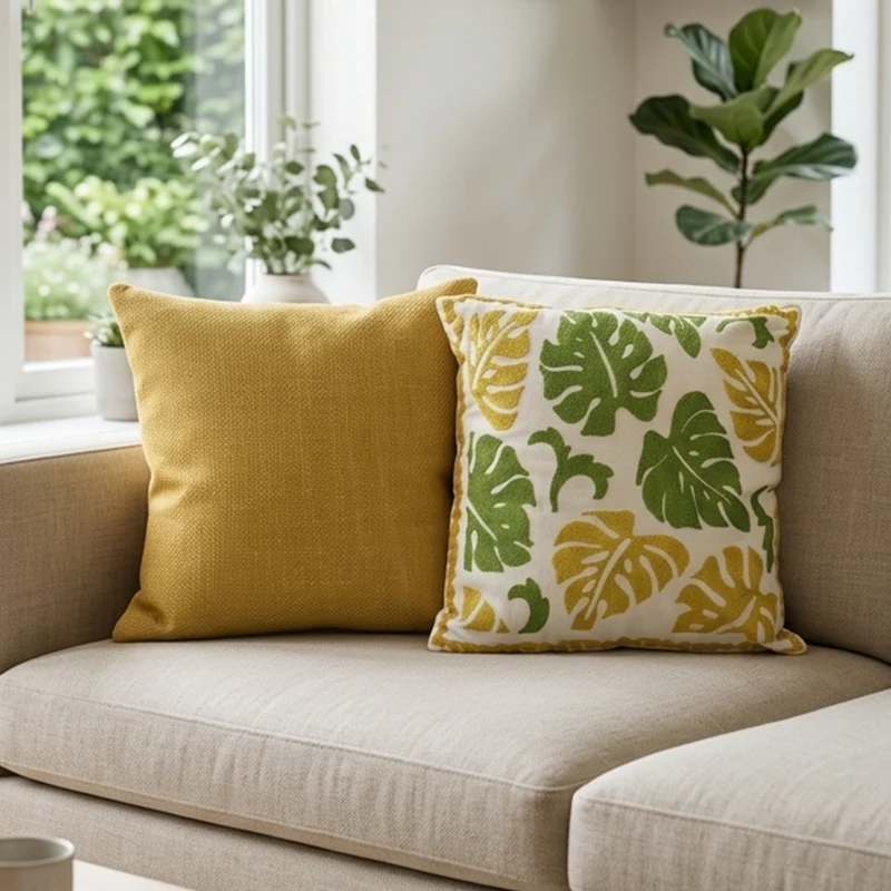 Set 2 coussins feuille verte 45x45cm