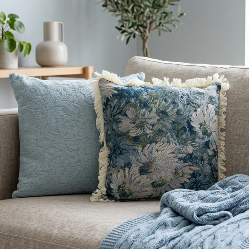 Set 2 coussins fleurs bleu 45x45cm