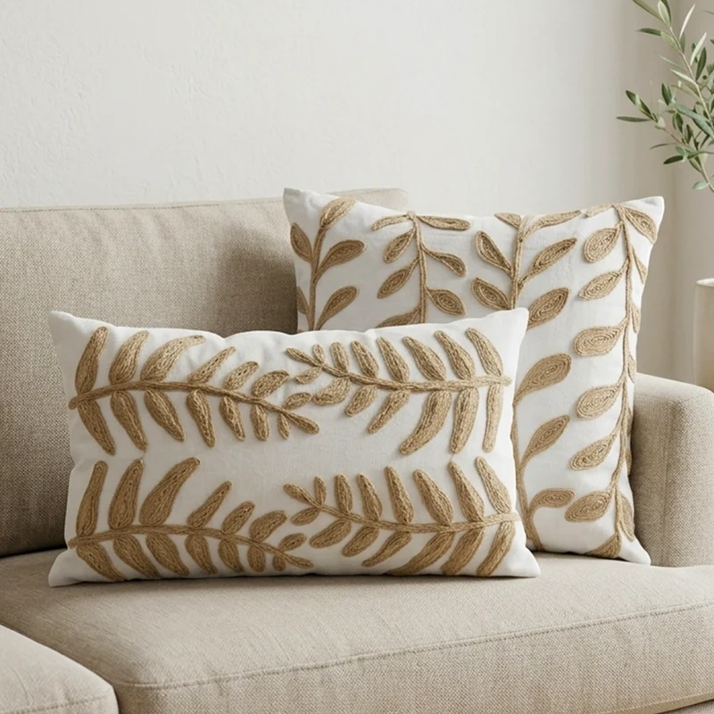 Set 2 coussins 45x45cm + 30x50cm feuilles beige