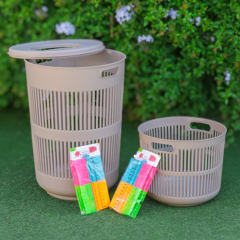 Set 2 paniers à linge ronds 30L + 60L + pince à linge 60pcs
