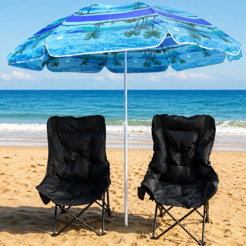 Set 2 chaises pliable 66x46x92cm + parasol 180cm