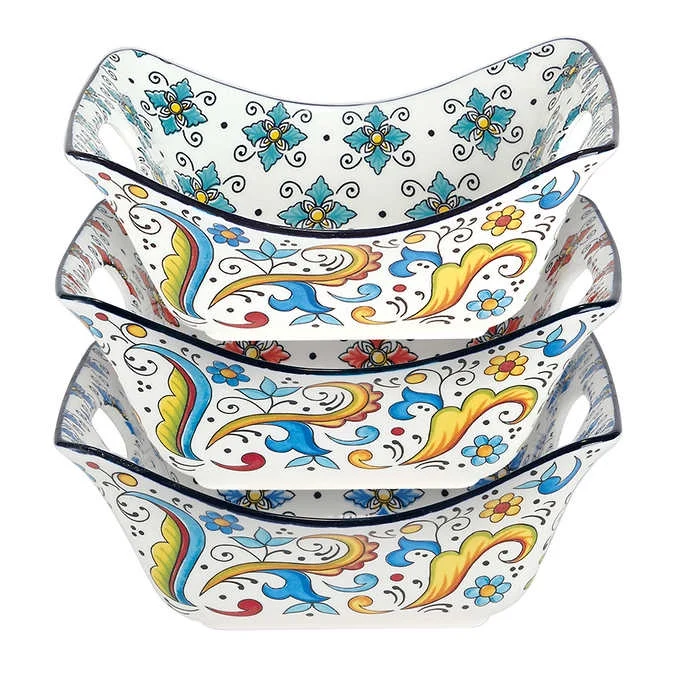 3 Porcelain Square Bowls with Handles