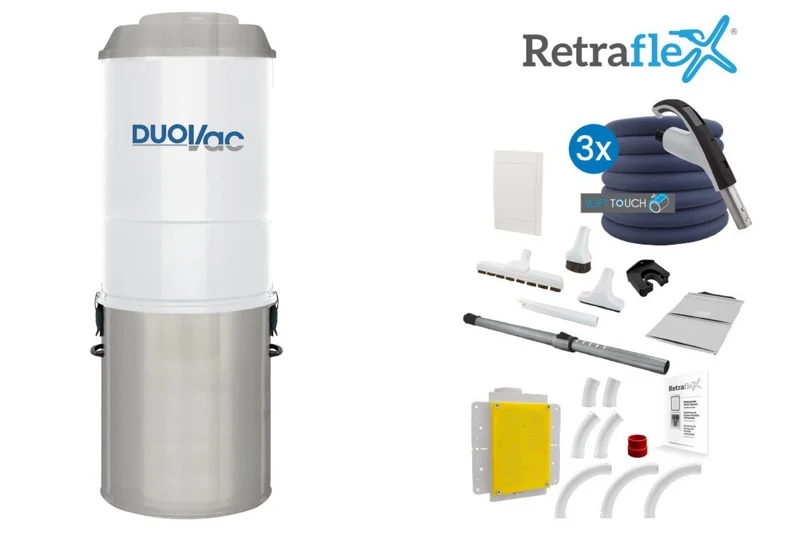 Duovac Distinction Hybrid + 3-Inlet Retraflex® Complete Bundle | New Construction Central Vacuum for Homes up to 12,000 ft²