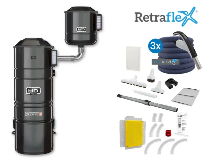 HD7525 Hybrid 240V Central Vacuum – Complete 3-Inlet Retraflex® Bundle | New Construction Kit for Homes up to 20,000 ft²